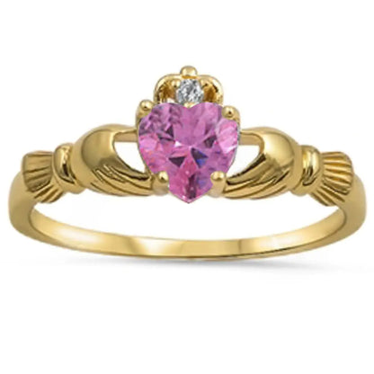 Gold Irish Claddagh Ring With Pink Zirconia Heart